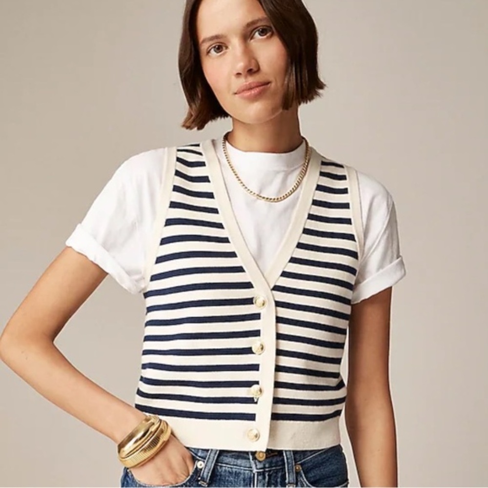 J. Crew Navy and White Striped V-Neck Sweater Vest